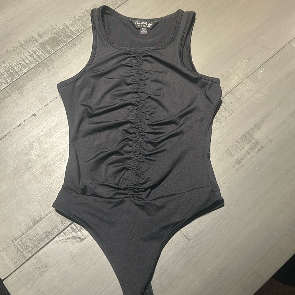 Miss Selfridge (ASOS) black ruched front, racer front and back bodysuit